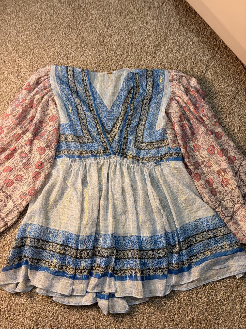 Free People Blue and Pink Mixed-Print Peasant Blouse